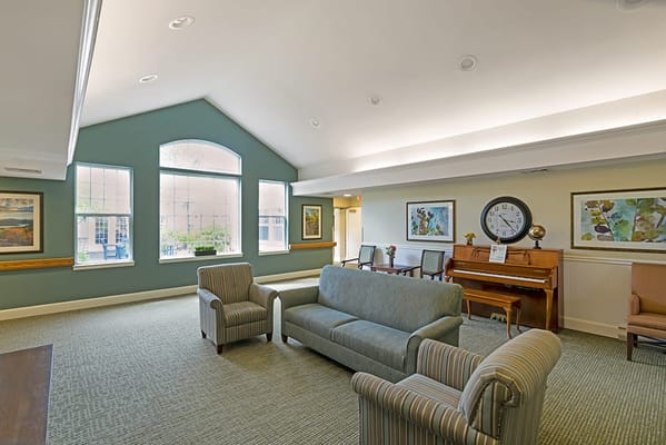 Interior view of a common area with seating and décor