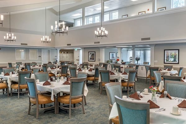 Bright dining room with neatly arranged tables