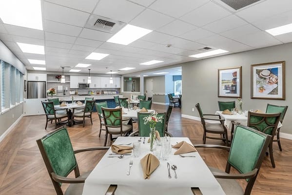 Bright dining room with neatly set tables