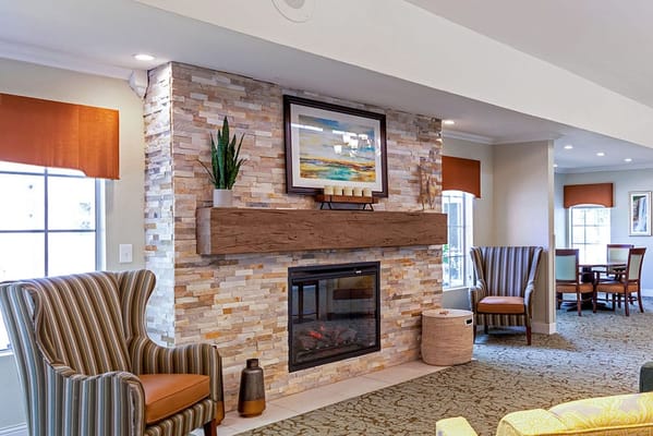 Cozy common area with fireplace and seating