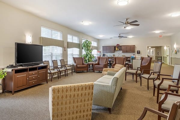 Bright common area with seating and decor