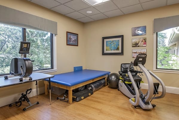 Well-equipped physical therapy room with exercise equipment