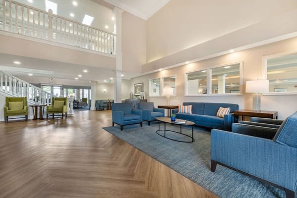 Bright lounge area with comfortable seating and modern decor