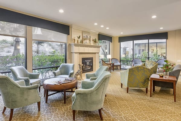 Interior common area with comfortable seating and fireplace