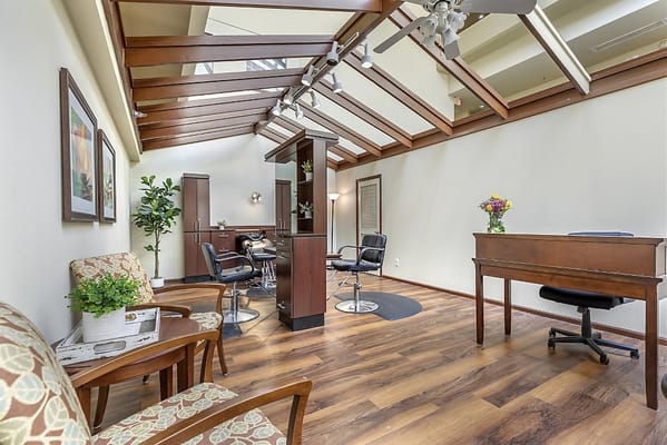 Bright interior space with seating and salon area