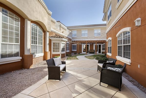 Outdoor courtyard with seating for residents