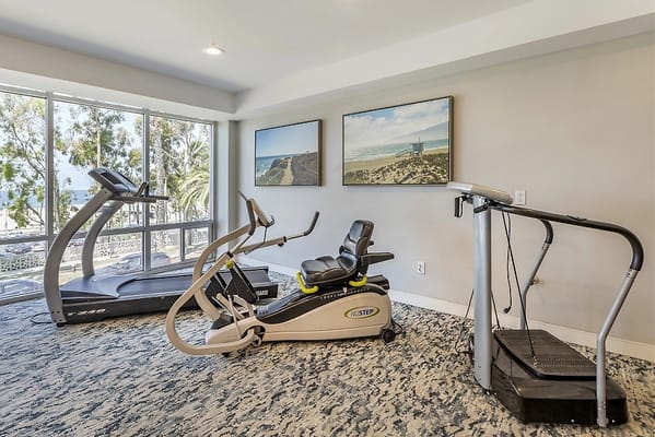 Fitness equipment in a bright interior gym area
