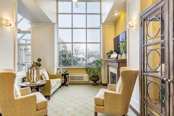 Bright interior lounge with seating and natural light
