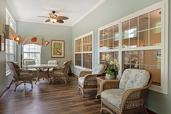 Bright common area with comfortable seating and natural light