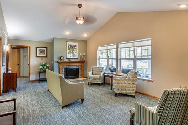 Bright interior common area with seating