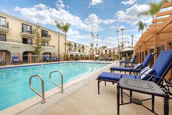 Outdoor pool area with lounge chairs and palm trees