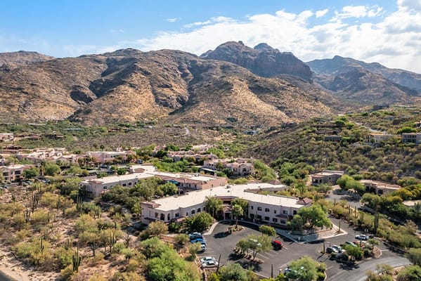 Aerial view of Brookdale Santa Catalina surrounded by mountains