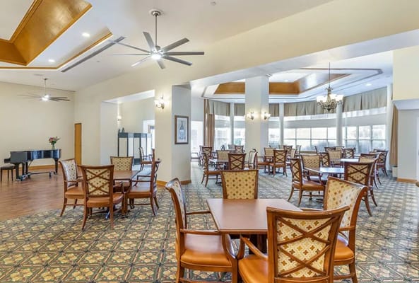 Interior view of a dining room with seating