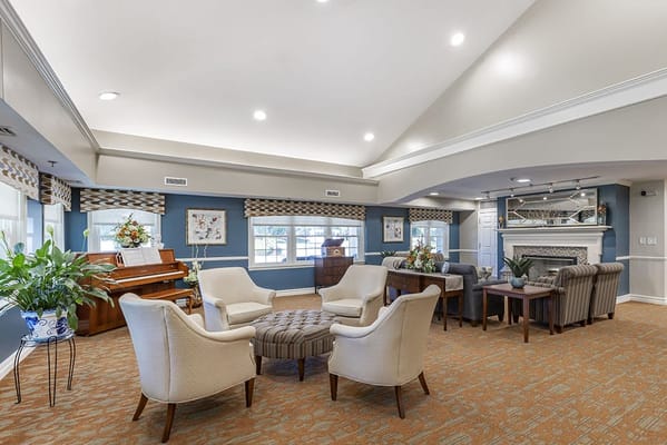 Bright common area in a senior living facility