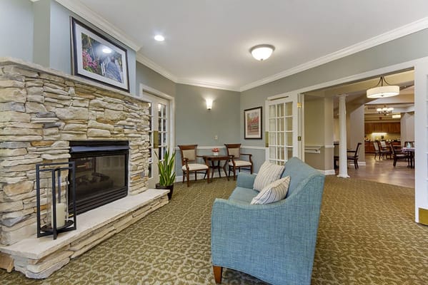 Cozy common area with fireplace and seating