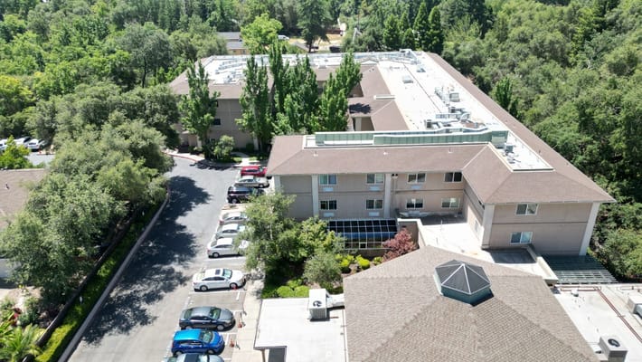 Aerial view of facility building and surrounding area