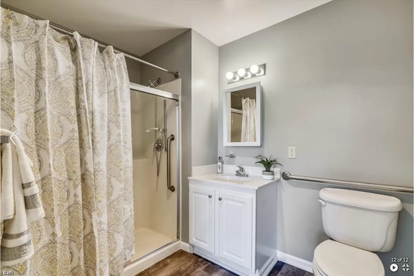 Modern bathroom with shower, vanity, and toilet.