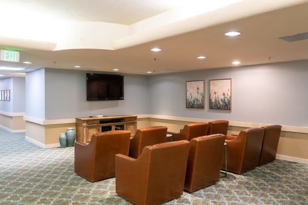 Cozy lounge area with brown chairs and TV