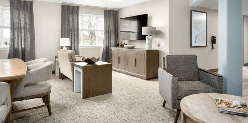 Bright and modern common area with seating and decor