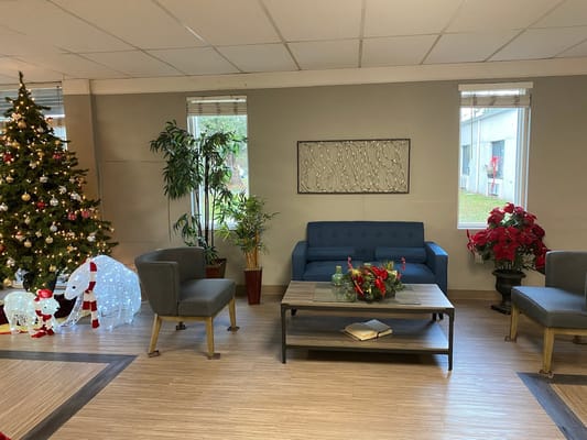 Living room area decorated for the holidays, featuring a Christmas tree and comfortable seating.