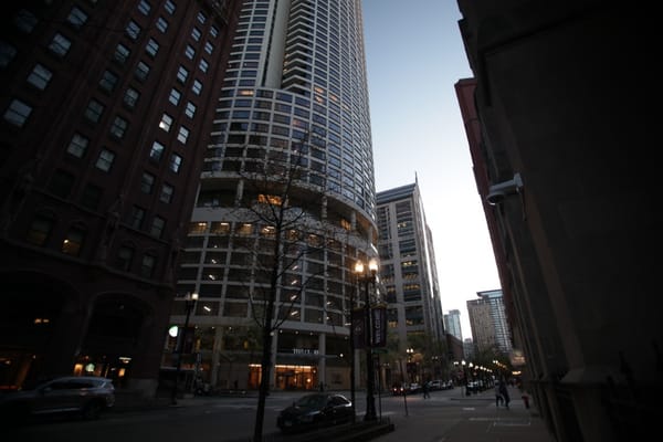 Street view of The Clare building in Chicago.