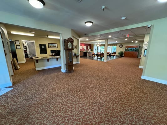 Bright common area with seating and decor