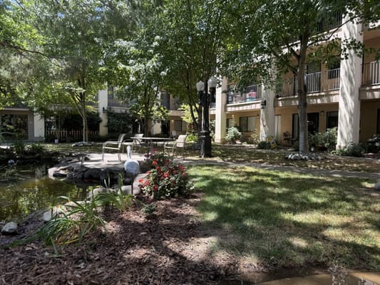 Well-maintained garden area with seating and greenery