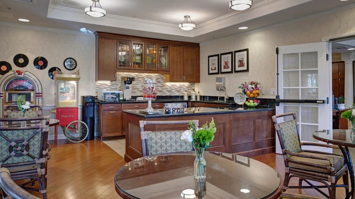 Bright dining area with snacks and decor