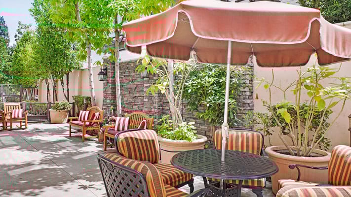 Outdoor seating area with patio umbrellas and plants