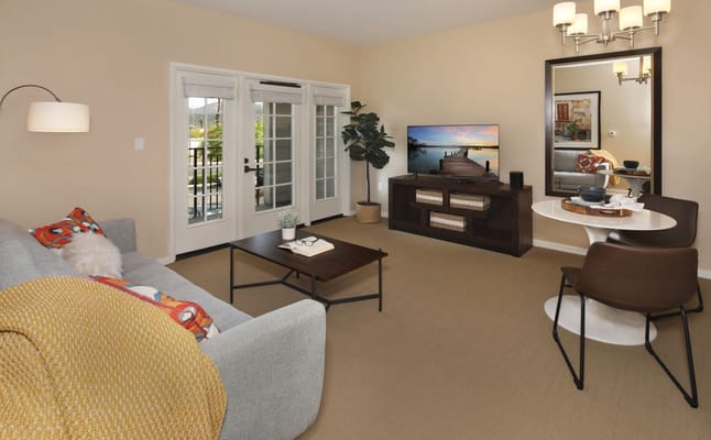 Comfortable living room with a couch, dining table, and television.