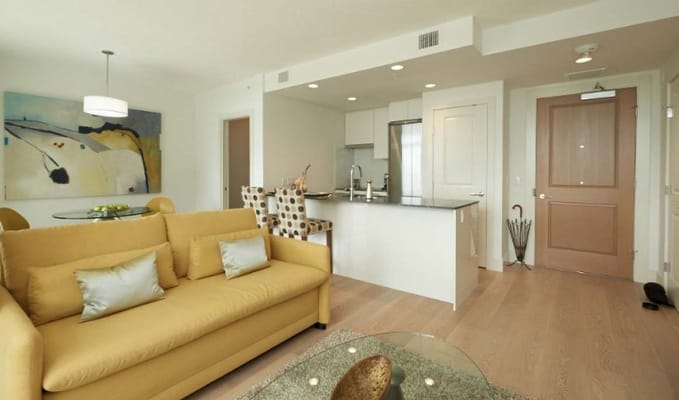 Interior view of a comfortable living space with a kitchen