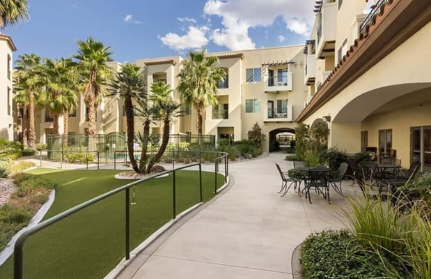 Well-maintained outdoor space with palm trees and walking path