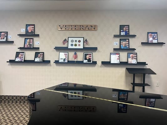 Interior display featuring veteran honors and memorabilia