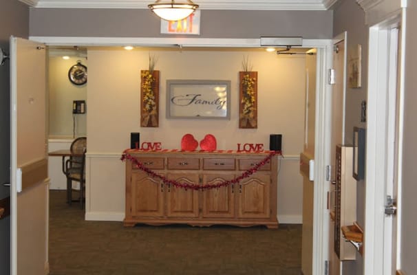 Welcoming common area with family-themed decor