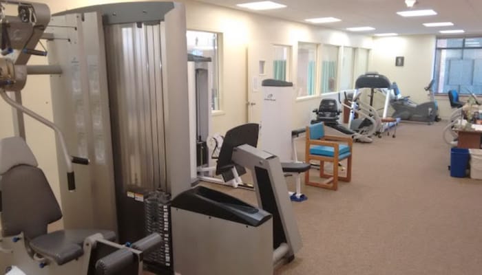 Exercise machines in the gym at St. Camillus senior living facility.