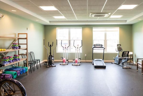 Well-equipped gym with exercise equipment and weights