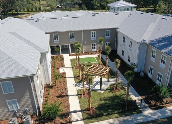 Aerial view of landscaped outdoor space at the facility