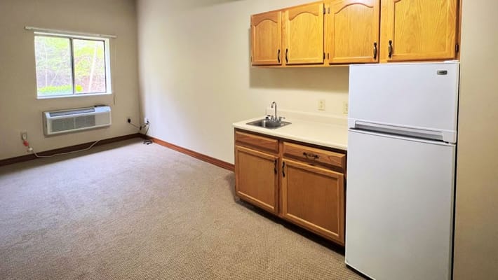 View of an interior kitchenette with cabinets and appliances
