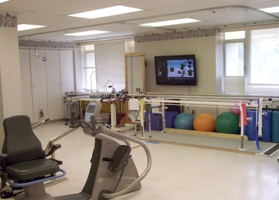 Therapy room equipped with exercise equipment and therapy balls.