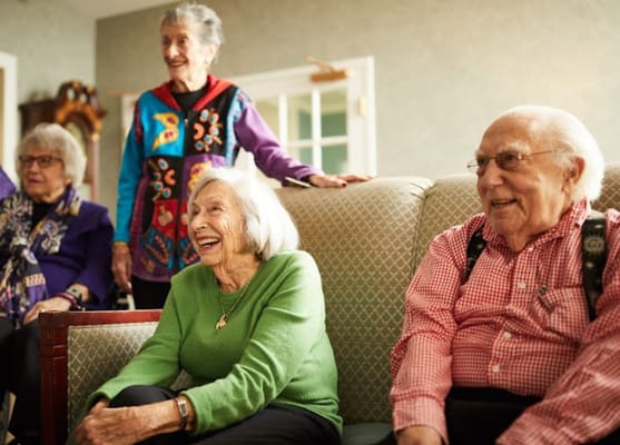 Group of seniors laughing and chatting in a cozy living room
