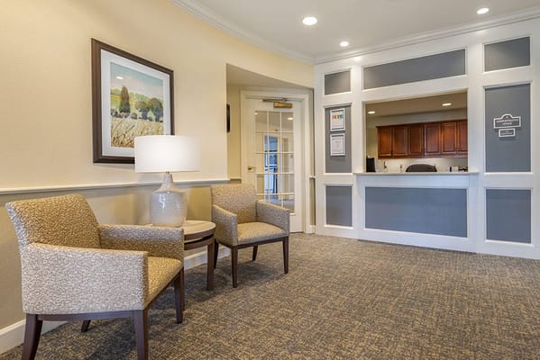 Welcoming lobby area with seating and reception desk