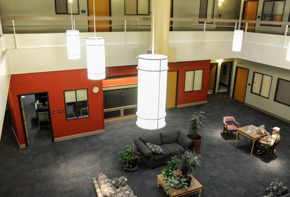 Common area in a senior living facility with residents