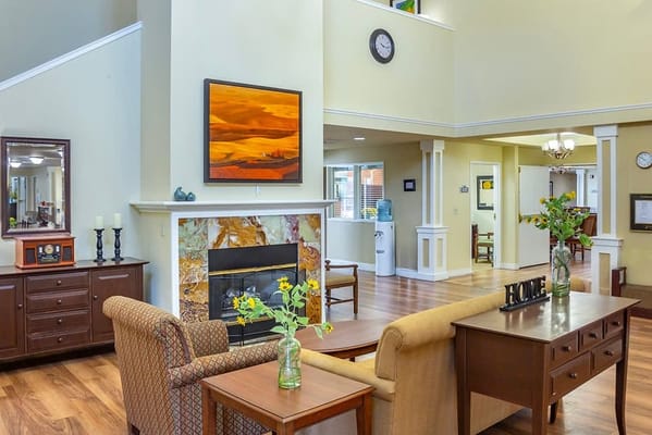 Bright common area with seating and decor