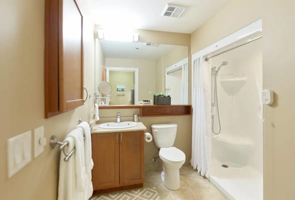 Well-lit bathroom in a resident unit