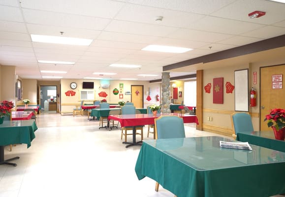 Interior of a dining room with festive decor and tables