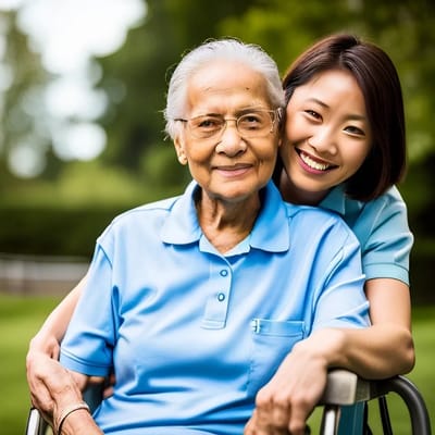A caregiver smiling with a senior in a garden