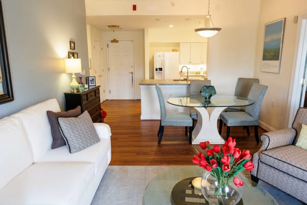 Comfortable living room with modern furnishings and dining area