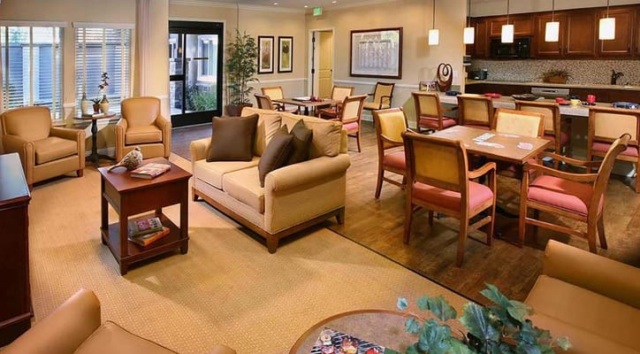 Common area of a senior living facility with seating
