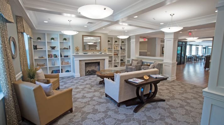 Interior view of a cozy common area in a senior living facility