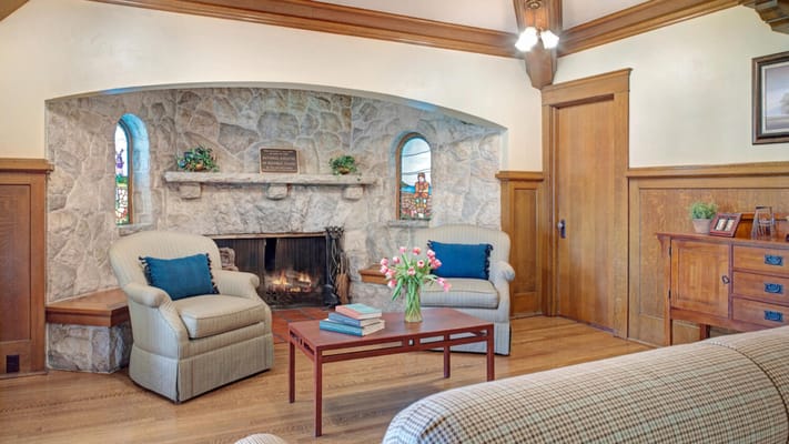 Cozy common area with seating and fireplace